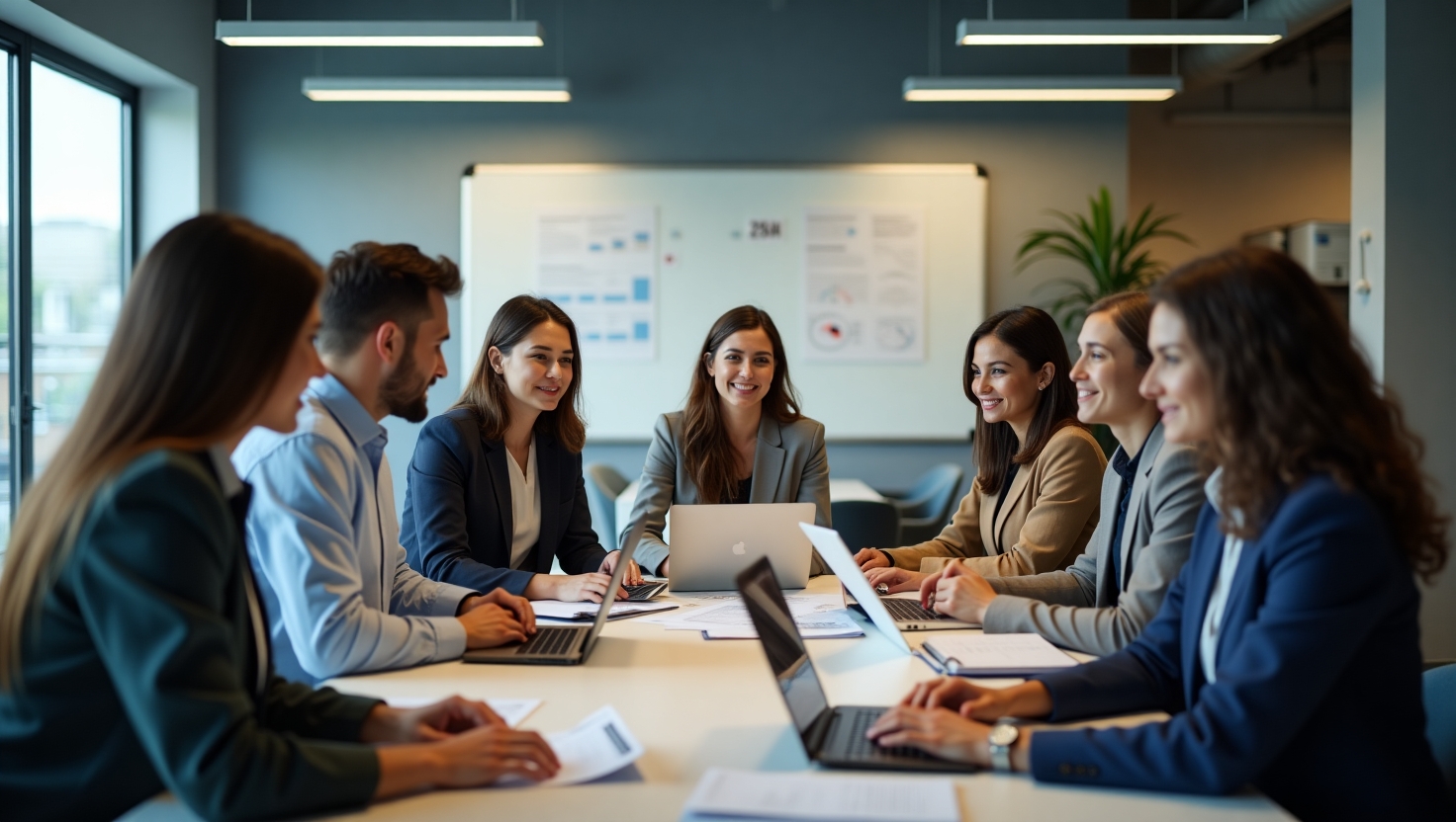 Equipo profesional de doravianquest trabajando en análisis financiero